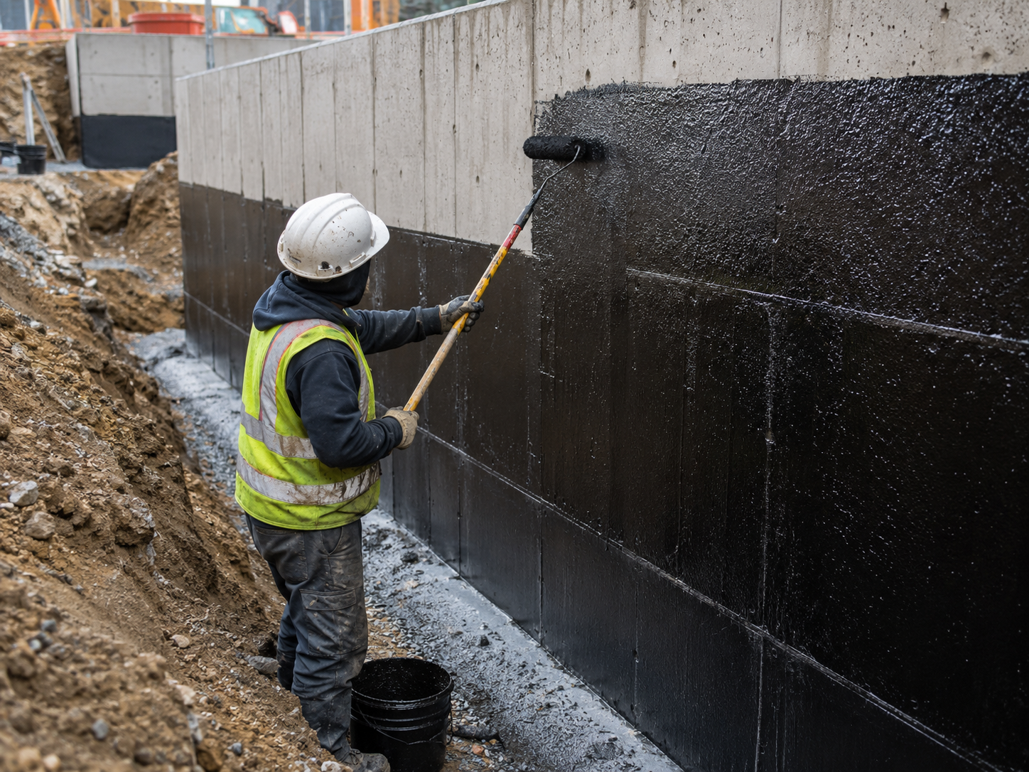 Worker applying waterproofing membrane to a below-grade foundation wall