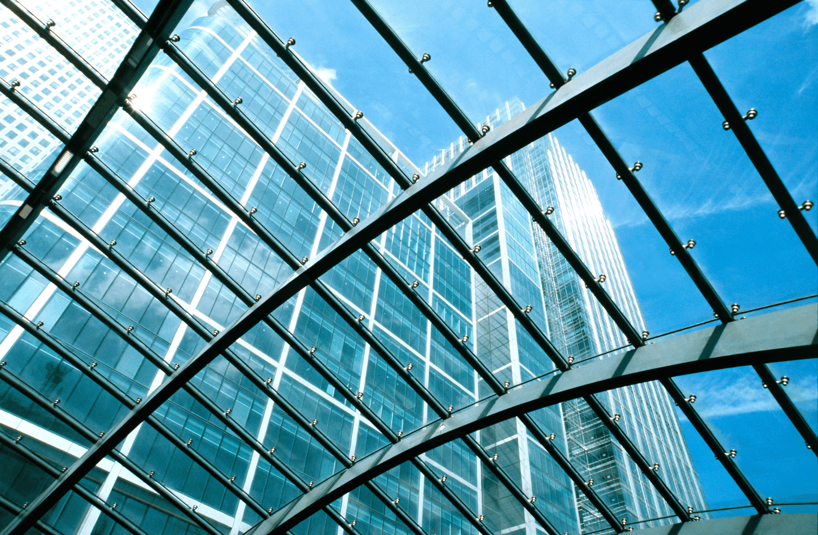 Glass and steel atrium of a downtown Houston office tower